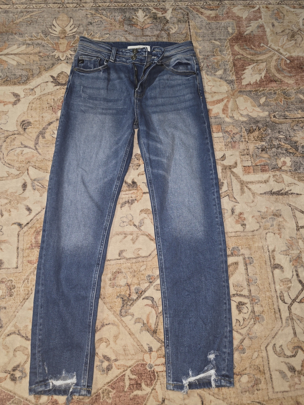 KanCan Women's Skinny Jeans in Medium Blue with Distressed Hem